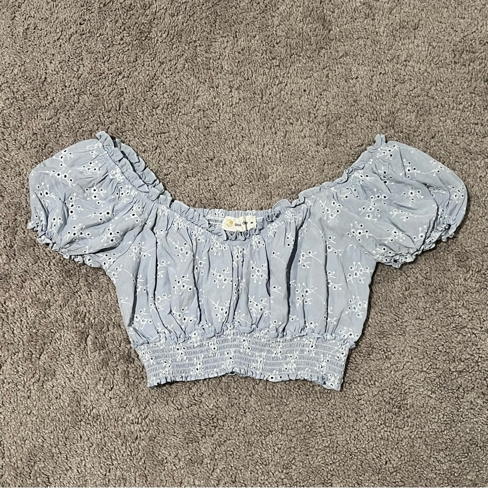 Blue Cropped Puff Sleeve Top